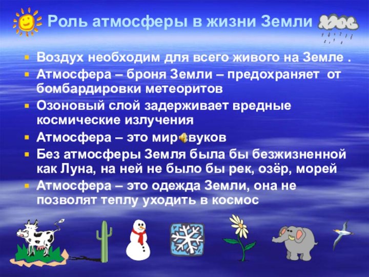 Роль атмосферы в жизни ЗемлиВоздух необходим для всего живого на Земле .Атмосфера