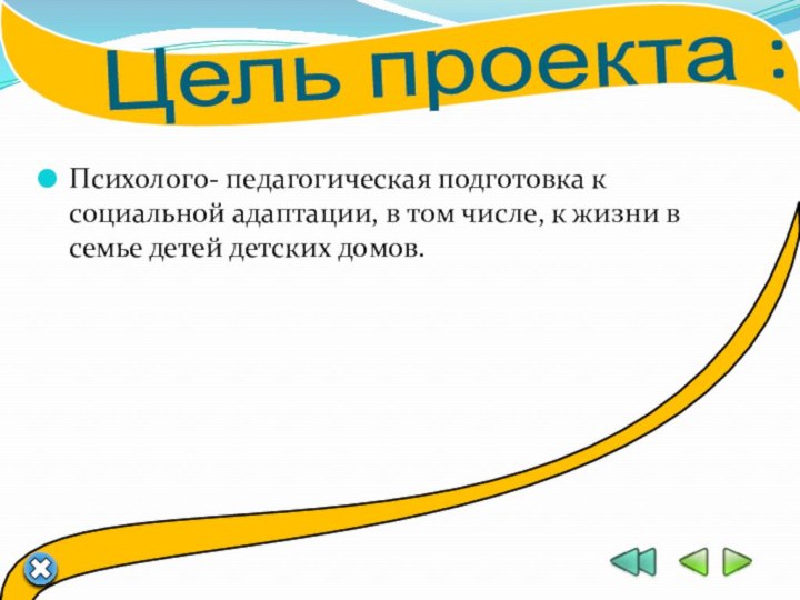 Цель проекта : Психолого- педагогическая подготовка к социальной адаптации, в том