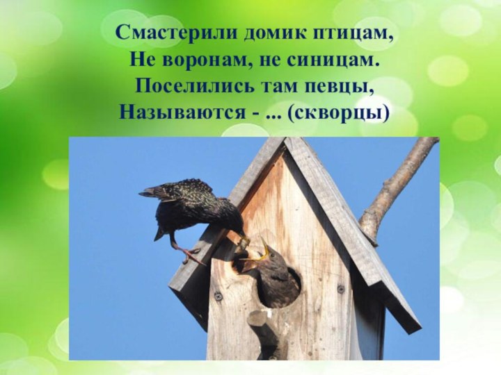 Смастерили домик птицам,Не воронам, не синицам.Поселились там певцы,Называются - ... (скворцы)