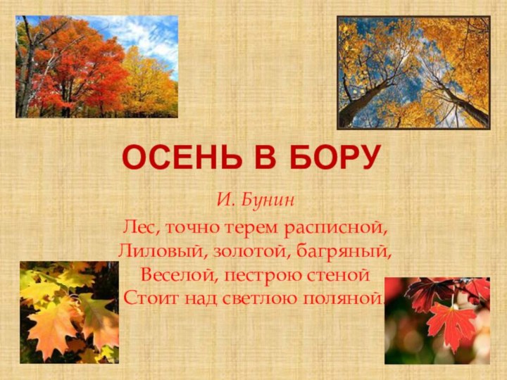 Осень в боруИ. БунинЛес, точно терем расписной, Лиловый, золотой, багряный, Веселой, пестрою