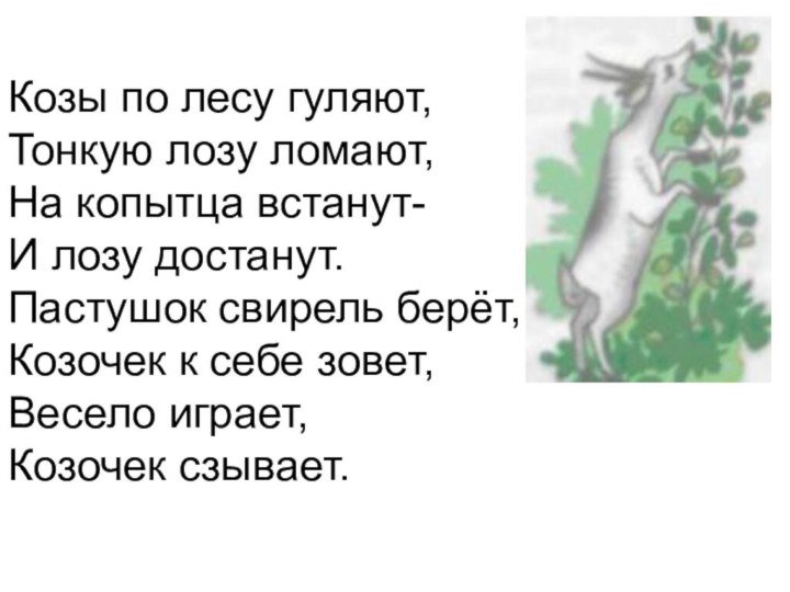 Козы по лесу гуляют, Тонкую лозу ломают, На копытца встанут- И лозу