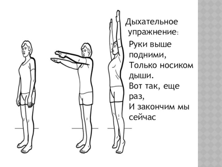 Руки выше подними,  Только носиком дыши.  Вот так, еще раз,  И закончим мы сейчасДыхательное упражнение: