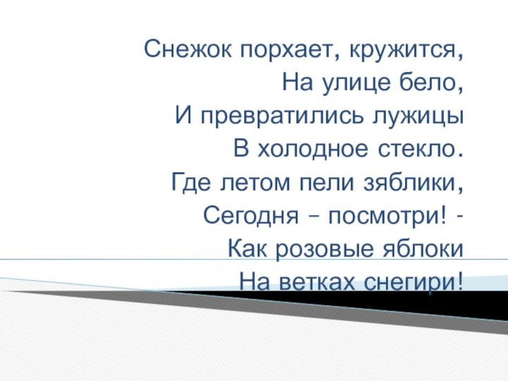 Снежок порхает, кружится,На улице бело,И превратились лужицыВ холодное стекло.Где летом пели зяблики,Сегодня