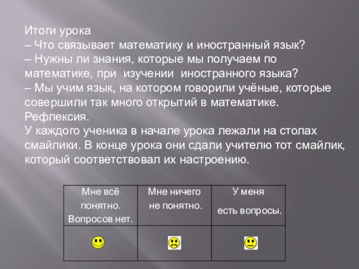 Итоги урока– Что связывает математику и иностранный язык?  – Нужны ли