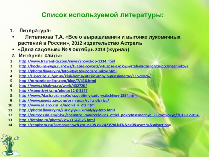 Список используемой литературы:Литература:   Литвинова Т.А. «Все о выращивании и выгонке