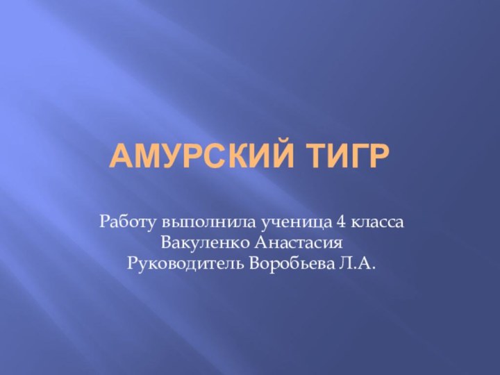 Амурский тигрРаботу выполнила ученица 4 классаВакуленко АнастасияРуководитель Воробьева Л.А.