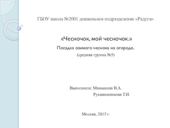 ГБОУ школа №2001 дошкольное подразделение «Радуга» «Чесночок, мой чесночок.» Посадка озимого чеснока