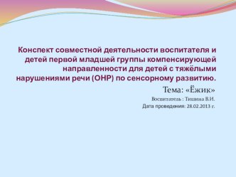 Конспект совместной деятельности воспитателя и детей первой младшей группы компенсирующей направленности для детей с тяжёлыми нарушениями речи (ОНР) по сенсорному развитию.Тема: Ёжик план-конспект занятия (младшая группа) по теме