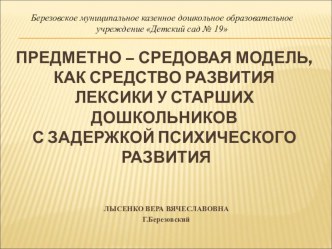 Развитие лексики у старших дошкольников с задержкой психического развития с использованием дидактических игр и упражнений на основе предметно – средовой модели методическая разработка по логопедии