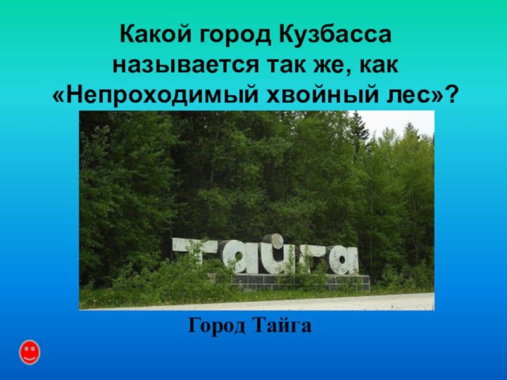 Город ТайгаКакой город Кузбасса называется так же, как «Непроходимый хвойный лес»?