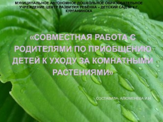 Презентация Совместная работа с родителями по приобщению детей к труду в уголке природы презентация по окружающему миру