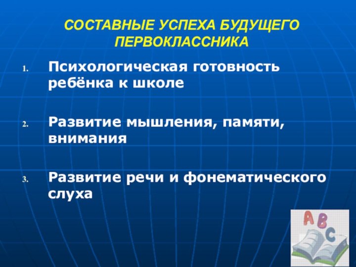 СОСТАВНЫЕ УСПЕХА БУДУЩЕГО ПЕРВОКЛАССНИКАПсихологическая готовность ребёнка к школеРазвитие мышления, памяти, вниманияРазвитие речи и фонематического слуха