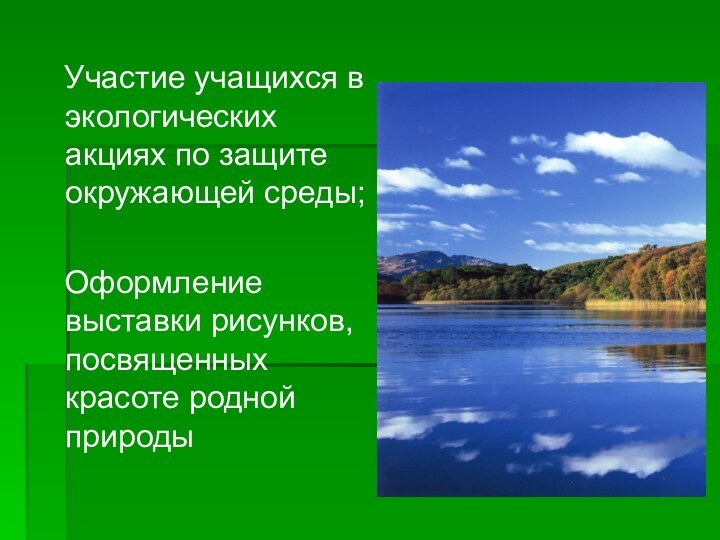 Участие учащихся в экологических акциях по защите окружающей среды;