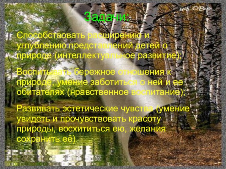 Задачи:Способствовать расширению и углублению представлений детей о природе (интеллектуальное развитие);Воспитывать бережное отношения