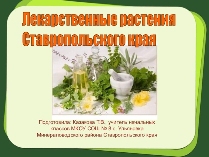 Лекарственные растения  Ставропольского краяПодготовила: Казакова Т.В., учитель начальных классов МКОУ СОШ