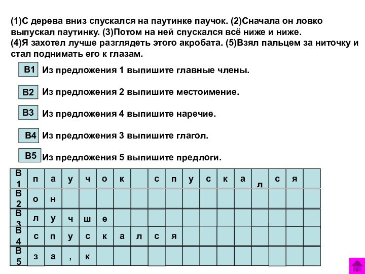 (1)С дерева вниз спускался на паутинке паучок. (2)Сначала он ловко выпускал паутинку.