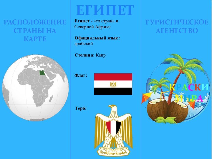 Египет - это страна в Северной АфрикеОфициальный язык: арабскийСтолица: КаирФлаг:Герб:ЕГИПЕТКРАСКИ МИРАТУРИСТИЧЕСКОЕ АГЕНТСТВО РАСПОЛОЖЕНИЕ СТРАНЫ НА КАРТЕ