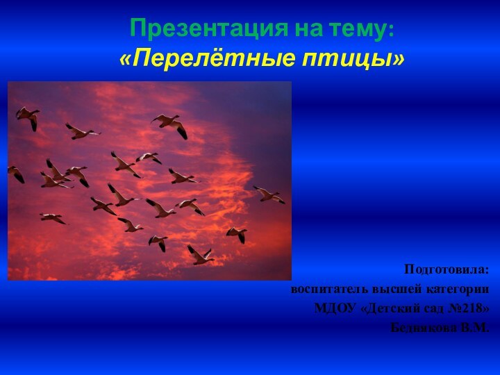 Презентация на тему:  «Перелётные птицы»Подготовила: воспитатель высшей категории МДОУ «Детский сад №218»Беднякова В.М.