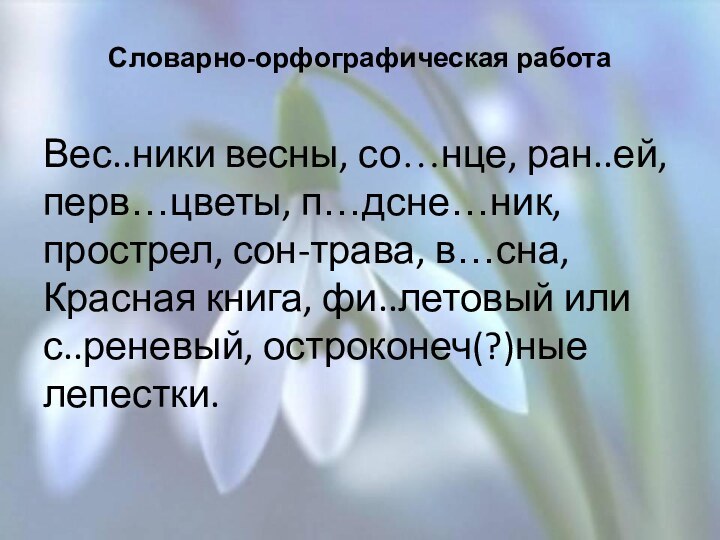 Словарно-орфографическая работа Вес..ники весны, со…нце, ран..ей, перв…цветы, п…дсне…ник, прострел, сон-трава, в…сна,