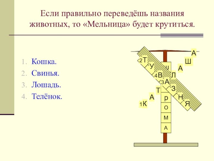 Если правильно переведёшь названия животных, то «Мельница» будет крутиться.Кошка.Свинья.Лошадь.Телёнок.