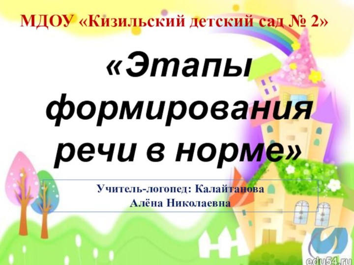 МДОУ «Кизильский детский сад № 2»Учитель-логопед: Калайтанова Алёна Николаевна«Этапы формирования речи в норме»