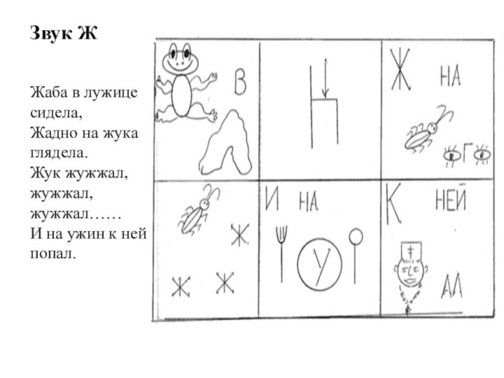 Звук ЖЖаба в лужице сидела, Жадно на жука глядела. Жук жужжал, жужжал,