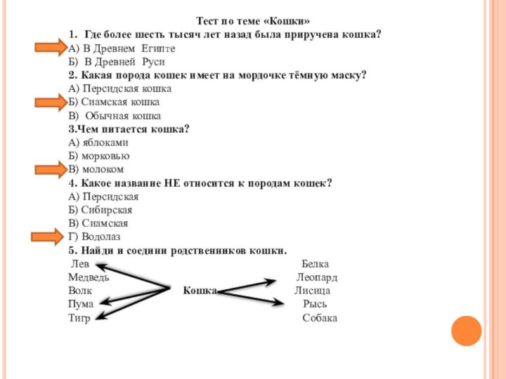 Тест по теме «Кошки»1.  Где более шесть тысяч лет назад была приручена