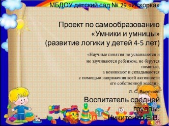 Проект по самообразованию Умники и Умницы (развитие логики у детей 4-5 лет) проект (средняя группа)