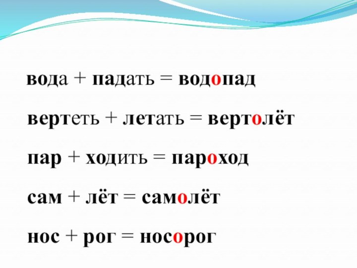 вода + падать = водопад вертеть + летать = вертолёт пар