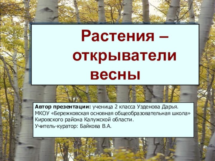 Растения –открыватели весныАвтор презентации: ученица 2 класса Узденова Дарья.МКОУ «Бережковская основная общеобразовательная