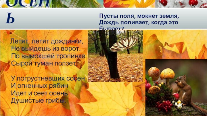 ОСЕНЬ  Пусты поля, мокнет земля, Дождь поливает, когда это бывает? Летят,