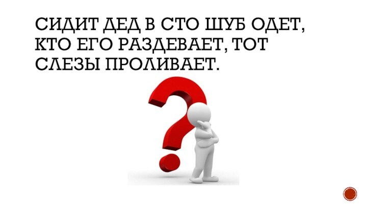 Сидит дед в сто шуб одет, кто его раздевает, тот слезы проливает.