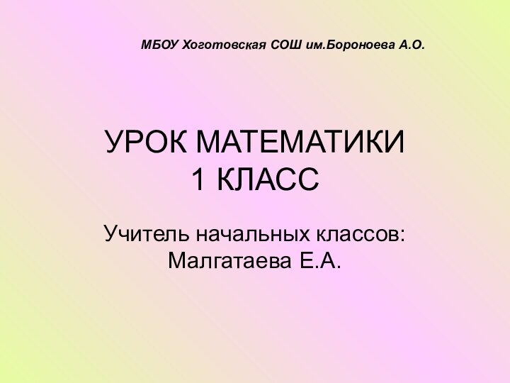 УРОК МАТЕМАТИКИ  1 КЛАССУчитель начальных классов: Малгатаева Е.А.  МБОУ Хоготовская СОШ им.Бороноева А.О.