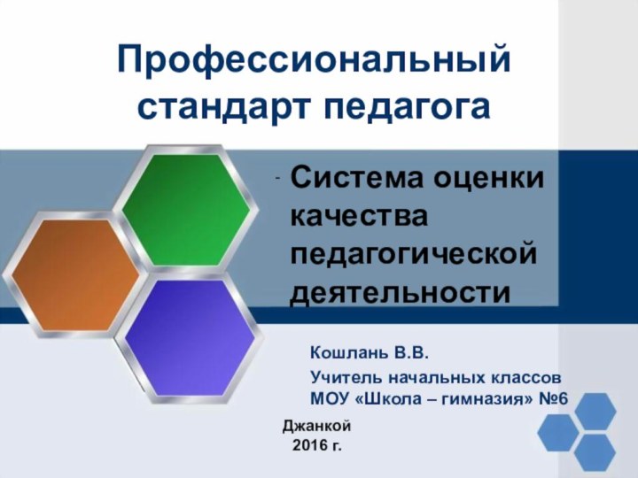 Профессиональный стандарт педагогаКошлань В.В.Учитель начальных классов МОУ «Школа – гимназия» №6Джанкой2016 г.-Система оценки качества педагогической деятельности