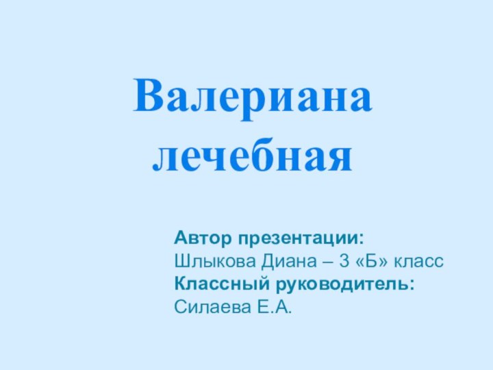 Валериана лечебнаяАвтор презентации:Шлыкова Диана – 3 «Б» классКлассный руководитель: Силаева Е.А.