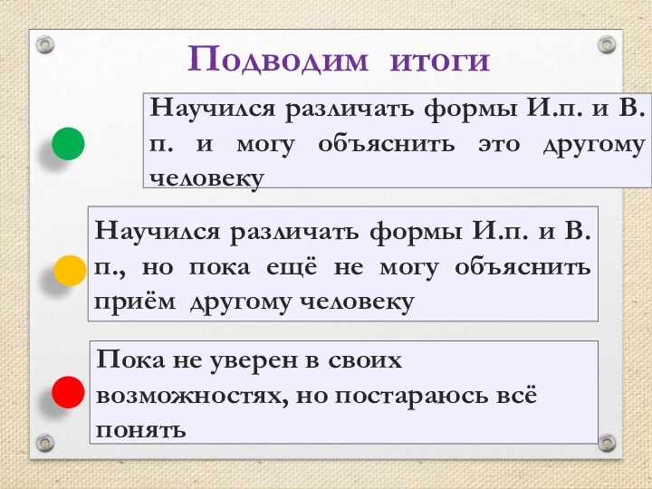 Научился различать формы И.п. и В.п. и могу объяснить это другому человекуПодводим