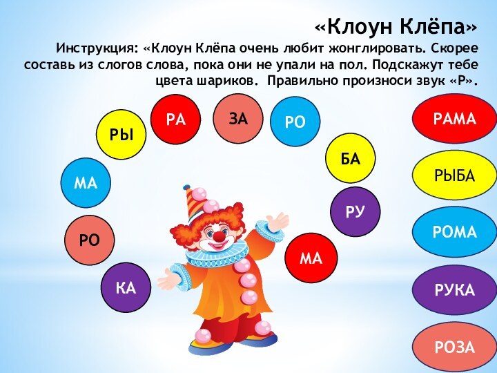 «Клоун Клёпа» Инструкция: «Клоун Клёпа очень любит жонглировать. Скорее составь из слогов