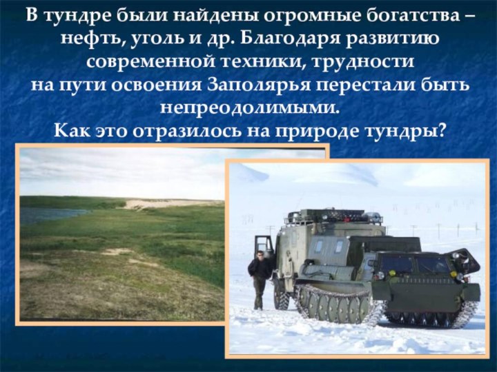 В тундре были найдены огромные богатства – нефть, уголь и др. Благодаря