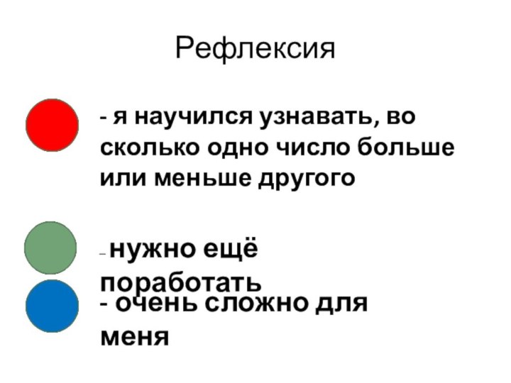 Рефлексия- я научился узнавать, во сколько одно число больше или меньше другого–