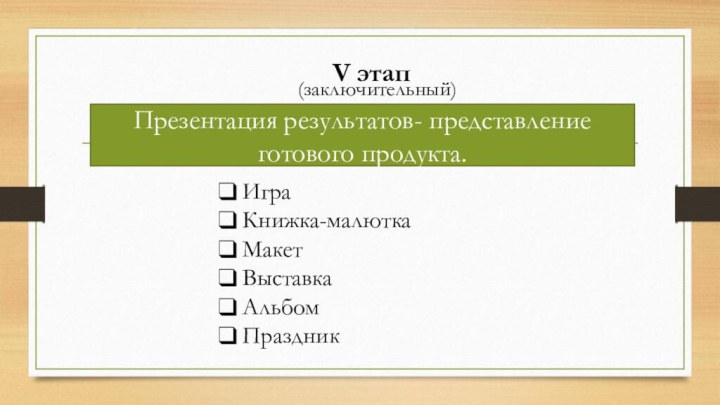 V этап(заключительный)Презентация результатов- представление готового продукта.ИграКнижка-малюткаМакетВыставкаАльбомПраздник