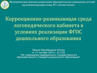 Коррекционно-развивающая среда логопедического кабинета в условиях реализации ФГОС дошкольного образования консультация по логопедии ( группа) Коррекционно-развивающая среда логопедического кабинета в условиях реализации ФГОС дошкольного образования