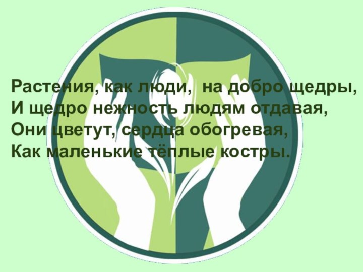 Растения, как люди, на добро щедры,И щедро нежность людям отдавая,Они цветут, сердца обогревая,Как маленькие тёплые костры.