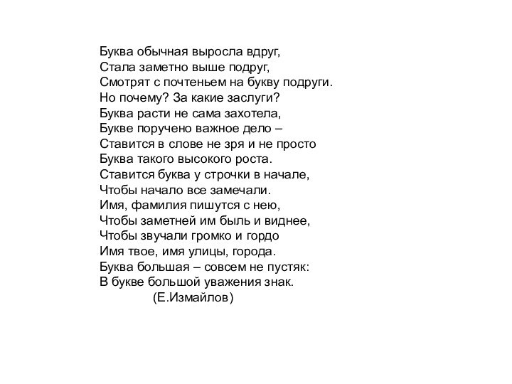 Буква обычная выросла вдруг,Стала заметно выше подруг,Смотрят с почтеньем на букву подруги.Но