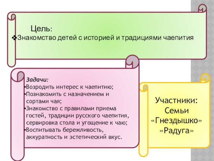 Цель:Знакомство детей с историей и традициями чаепитияУчастники:Семьи«Гнездышко»«Радуга»Задачи: Возродить интерес к чаепитию;Познакомить