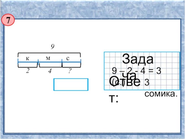 м9к9 – 2 – 4 ЗадачаОтвет:9 – 2 - 4 = 3 (с.)3 сомика.7с24?