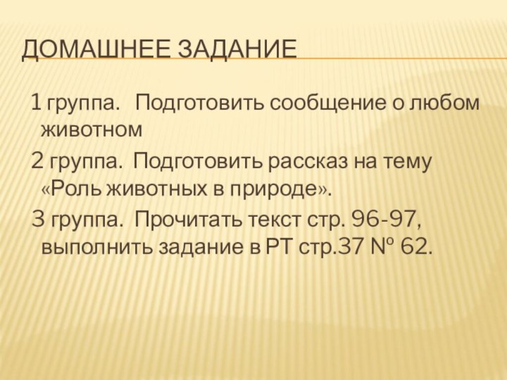 Домашнее задание 1 группа.  Подготовить сообщение о любом животном 2 группа.