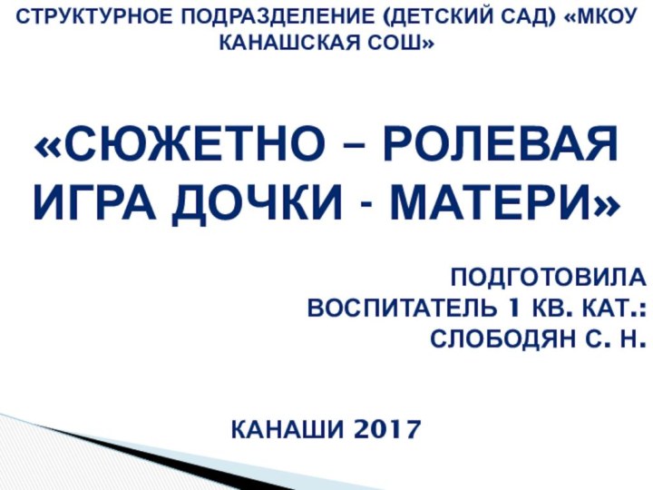 Структурное подразделение (детский сад) «МКОУ Канашская Сош» «Сюжетно – ролевая игра дочки