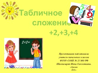 Открытый урок математики в 1 классе по теме Табличное сложение +2,+3,+4 (презентация и план-конспект). презентация к уроку по математике (1 класс) по теме