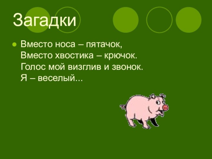 ЗагадкиВместо носа – пятачок, Вместо хвостика – крючок. Голос мой визглив и