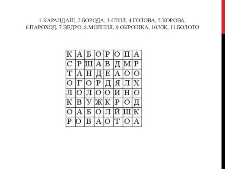 1.Карандаш, 2.борода, 3.стол, 4.голова, 5.корова,  6.пароход, 7.ведро, 8.молния, 9.окрошка, 10.уж, 11.болото